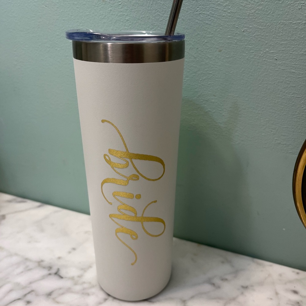 New Bride white tumbler cup with straw
